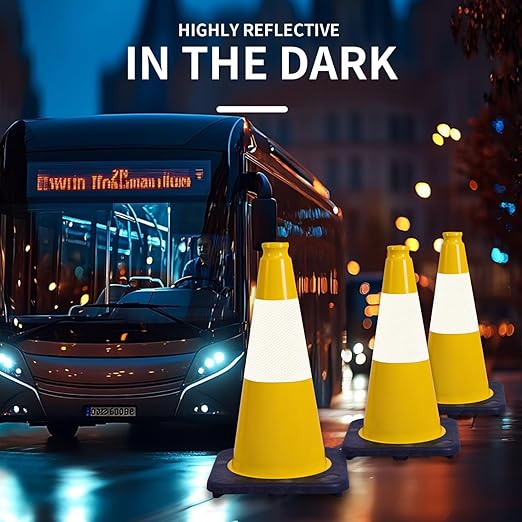 BESEA 6Pack 12 Inch Yellow Traffic Cones with 4 Inch Reflective Collar, Heavy Duty PVC Safety Cones with 8.5 x 8.5 Inch Base for Parking, Driving Practice, Sports Training, and Construction