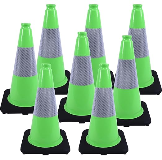 BESEA 8Pack 18" inch Traffic Cones Green Safety Cones PVC Construction Cones with 6 inch Reflective Collar for Home Driveway Road Parking Use(8 Cones)