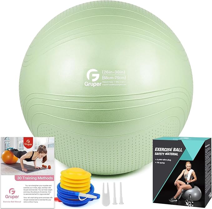 Gruper Yoga Ball, 18-30 Inch Extra Thick Exercise Ball for Workout Fitness Balance, Anti Burst Chair for Home and Office Desk, Includes Hand Pump & Workout Guide Access