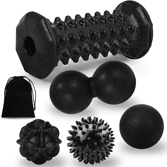 Massage Ball & Foot Roller 5 in 1 Set,Foot Massager Roller-Lacrosse,Peanut,Spiky,Hand Exercise Massage Ball for Plantar Fasciitis Relief and Myofascial Release,Deep Tissue Massage,Reflexology Tool