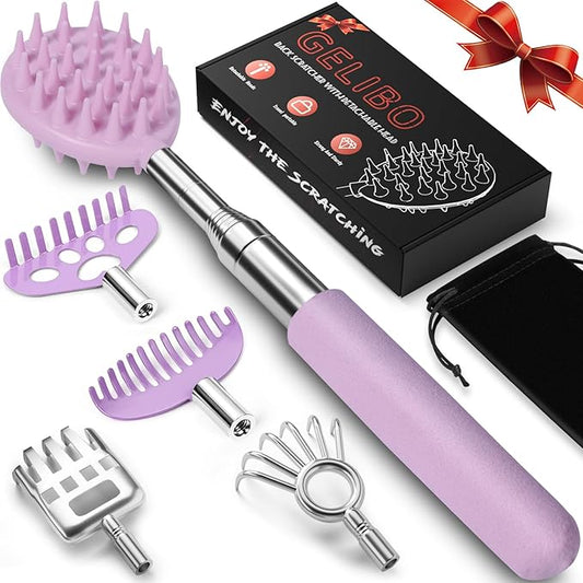 Gelibo Telescoping Back Scratcher with 5Pcs Detachable Heads,Fathers Day Dad Gifts from Wife Daughter Son,Mens Gifts,Husband, Extendable Back Massager Tool with Beautiful Box - Purple