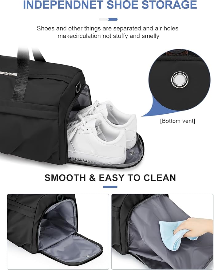Gym Bag for Women Men with Shoe Compartment, Sport Duffel Bag, Waterproof Travel Weekender Overnight Carry on Bag for Yoga, Black