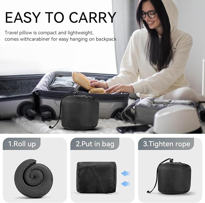 SZXYX Travel Pillows for Airplanes, 100% Pure Memory Foam Neck Pillow for Airplanes, Comfortable Breathable Cover, 360° Support Stowable Pillows for Sleeping, Car, Airport Travel Essentials Black L