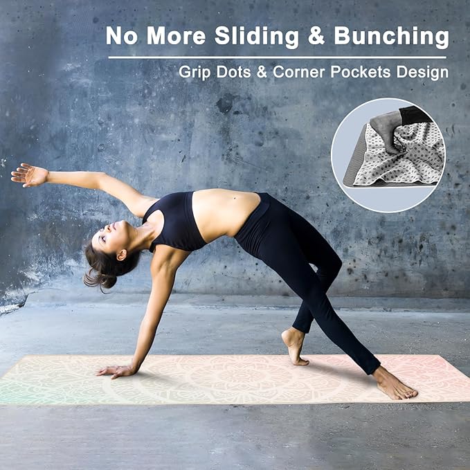 Colorful Star Large Yoga Towel with Corner Pockets, Non Slip Grip Dots Sweat Absorbent Hot Yoga Mat Towels, Yoga Blankets with Travel Bag, Mat Cover for Workout, Gym, Fitness - 74"x26", Pink Mandala