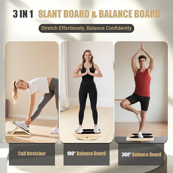 3-in-1 Slant Board & 180°/360° Balance Board, Portable 6 Angle Adjustable Calf Stretcher with Training Poster, Anti-Slip 300LBS Wobble Board for Physical Therapy, Standing Desk & Core Strength