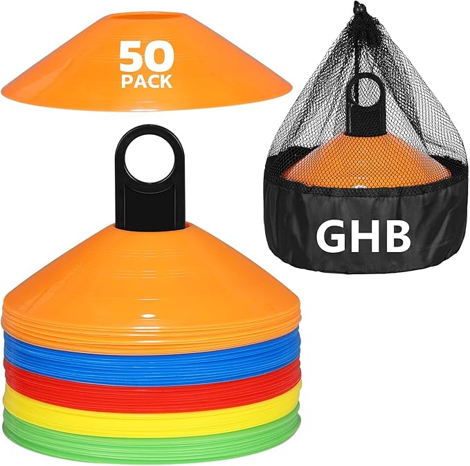 GHB Soccer Cones 25/50/100 Pack Disc Soccer Sport Cones Training Field Marker Agility Cones for Traffic, Basketball, Coaching, Practice Equipment Includes Cone Drills Guide