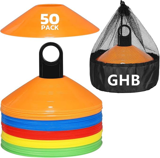 GHB Soccer Cones 25/50/100 Pack Disc Soccer Sport Cones Training Field Marker Agility Cones for Traffic, Basketball, Coaching, Practice Equipment Includes Cone Drills Guide