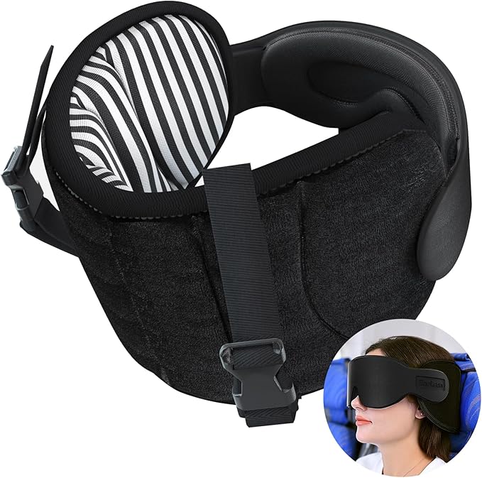 Travel Pillows for Airplanes, Airplane Pillow for Long Flight Car Road Trip, Airplane Head Strap with Sleep Eye Mask, 360° Support Headrest, Stop Bobblehead Travel Neck Pillow, Stripe Black