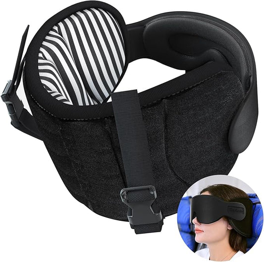 Travel Pillows for Airplanes, Airplane Pillow for Long Flight Car Road Trip, Airplane Head Strap with Sleep Eye Mask, 360° Support Headrest, Stop Bobblehead Travel Neck Pillow, Stripe Black