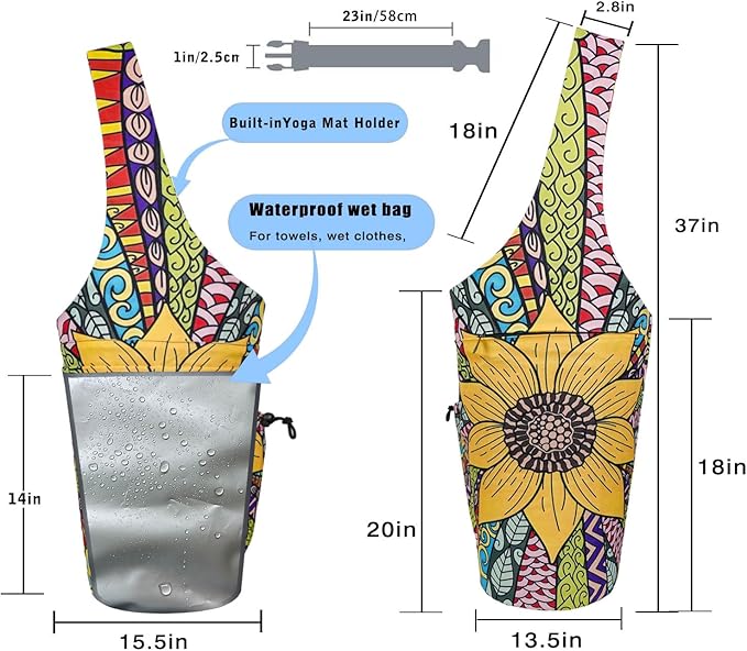 Yoga Mat Bag - Large Opening Long Tote Yoga Mat Carrier Holder Bag with Waterproof Wet Zipper Pocket and Drawstring Water Bottle Pocket - Yoga Bag Fit Most Size Mats