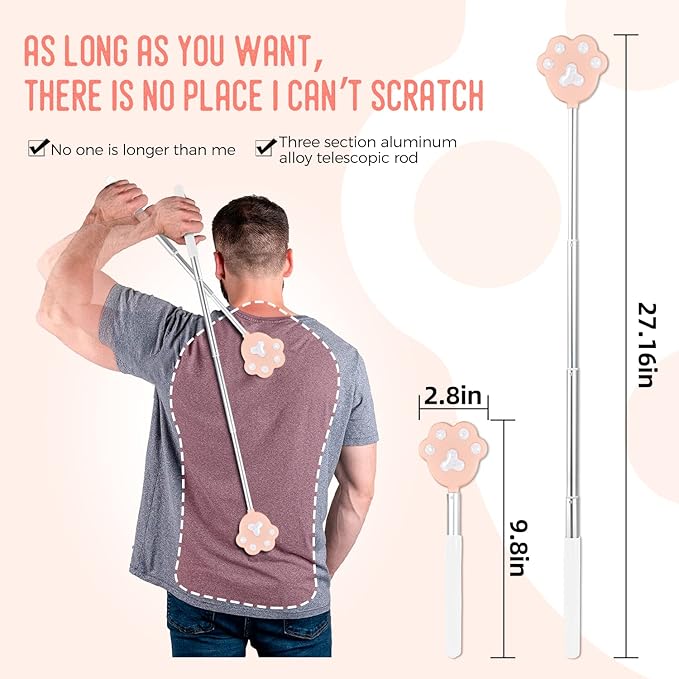 Portable Extendable Back Scratcher for Men and Women, 9 to 27 inches Long Telescoping Handle, Cute Cat Claw Head, Manual Head Neck Foot Back Scratcher (Pink)