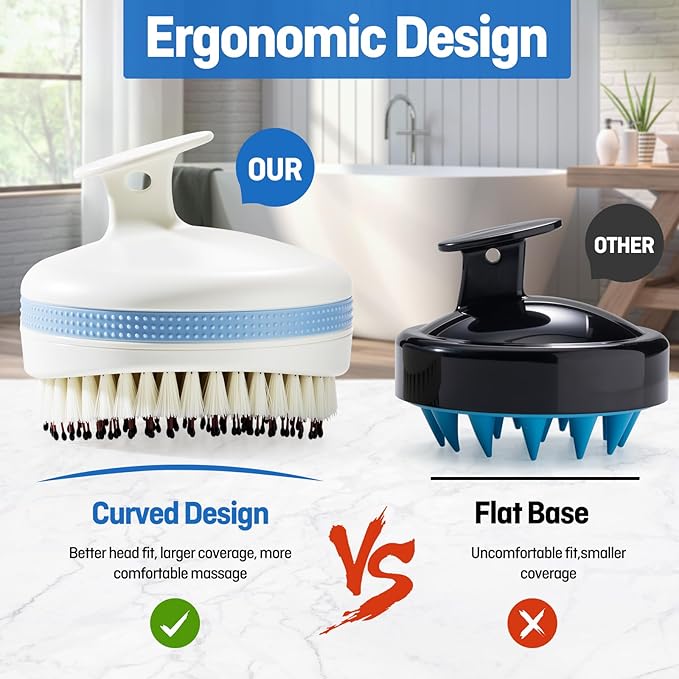 Scalp Massager with Double-Layer Bristles,Anti-Slip Rich-Lathering Hair Washing Shampoo Brush,Curved Scalp Scrubber with Better Head Fit for Dandruff Removal,Head Massage and Hair Growth.