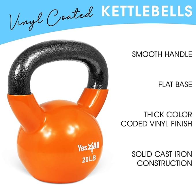 Yes4All Kettlebell, Vinyl Coated Kettlebell Cast Iron Sets with Stable Flat Bottom for Full Body Workout, Push up, Grip Strength Training & Weights Exercises
