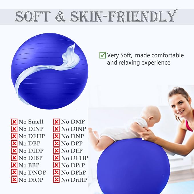 Soft Exercise Ball, Anti-Burst Yoga Ball Chair Supports 2200lbs, Stability Swiss Ball w/Pump for Pregnancy Birthing, Excersize, Workout, Fitness, Balance, Gym, Physio, Abs (Office & Home & School)