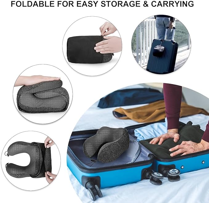 SKYANA Travel Pillow 100% Pure Memory Foam Neck Pillow, Comfortable & Breathable Cover, Machine Washable, Airplane Travel Kit with 3D Contoured Eye Masks, Earplugs, and Luxury .Dark Gray.