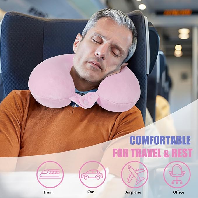 SAIREIDER Travel Neck Pillow 100% Memory Foam, Airplane Rest Prevents Head from Falling Forward, Plane Accessories with Storage Bag, Sleep Mask and Earplugs (Pink)