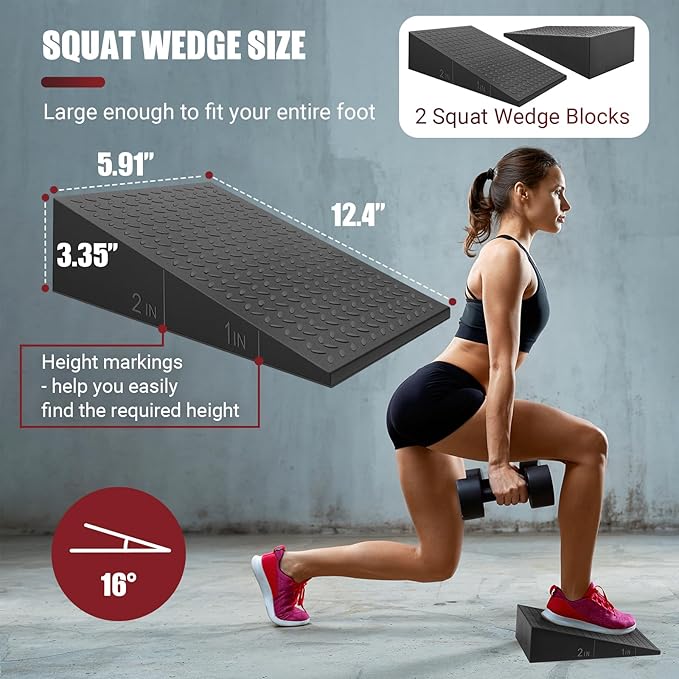 Squat Wedge Block, 2 Pcs Non-slip Heel Elevated Squat Wedge for Weightlifting Workout with Storage & Training Poster, Slant Board for Squats to Improve Squat Mobility Balance & Strength Performance