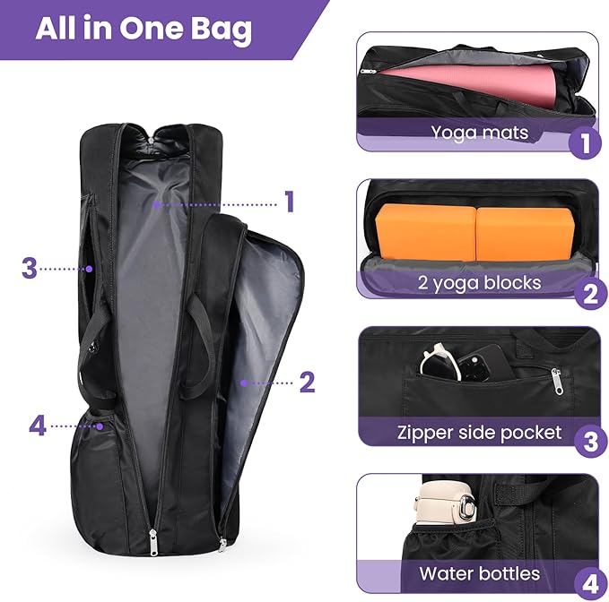 Yoga Mat Bag Backpack for Women and Men with Multi-Pockets for Mats Blocks and Accessories, Waterproof Yoga Mat Carrier Holder for Workouts, Gym, Pilates