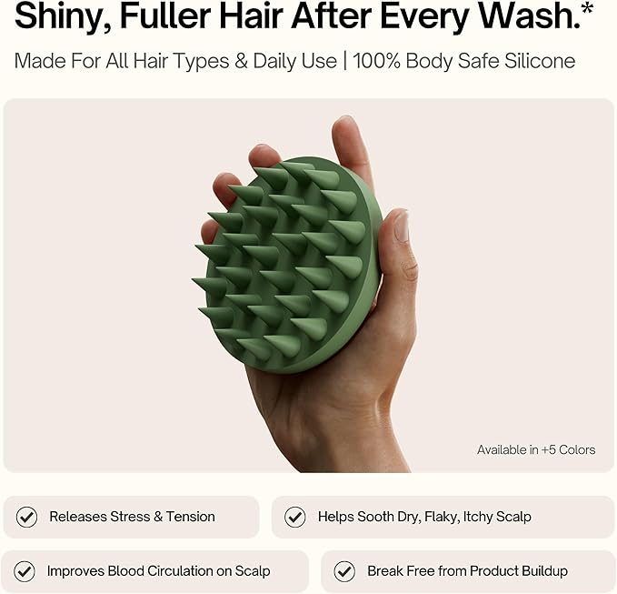 SXNSE - Revive Silicone Scalp Massager, Forest - Manual Hair & Scalp Scrubber for Dandruff, Buildup, Itch, & Hair Growth - Soft Exfoliating Silicone Bristles for Wet & Dry Hair, Flake-Free Finish