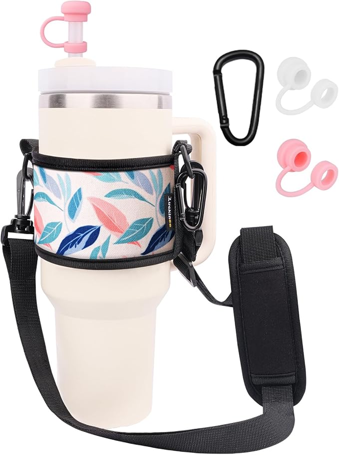 Water Bottle Carrier Holder with Shoulder Strap Water Bottle Handle Strap Sling for Stanley 30&40oz Tumblers with 2pc Straw Covers Toppers for Stanley Cup Accessories (Leaf Print)