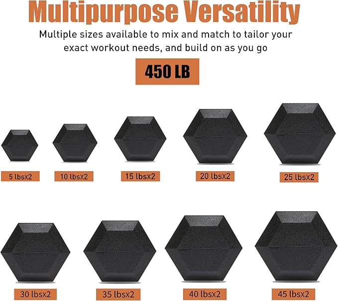 Ritafer 6-10 Pair Hex Rubber Dumbbell Set 350/450 and 550 lbs（5-50 lbs ）Hand Free Weight for Strength Coated Encased Iron Weights with Dumbbells Storage Rack Home Gym