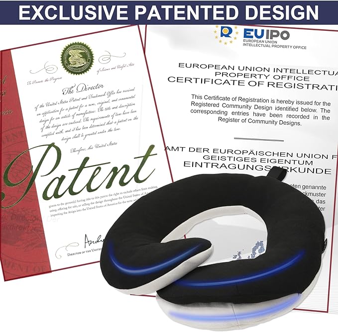 BUYUE Travel Neck Pillows for Airplanes, 360° Head Support Sleep for Long Flight, Skin-Friendly & Breathable, Kit with 3D Contoured Eye Mask, Earplugs and Storage Bag (Adult, Black, 90+ lbs)