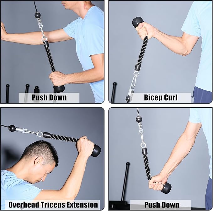 Tricep Rope 27 & 36 inches 2 Colors Fitness Attachment Cable Machine Pulldown Heavy Duty Coated Nylon Rope with Solid Rubber Ends