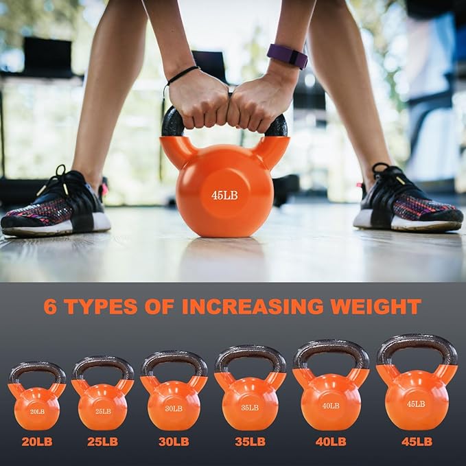 20, 25, 30, 35, 40, 45 Lbs Kettlebell Iron Sand Filled Weights for Women and Men, Orange Kettlebells with Smooth PP Material Surface and Non-slip Handle, Multiple Sizes and Weights