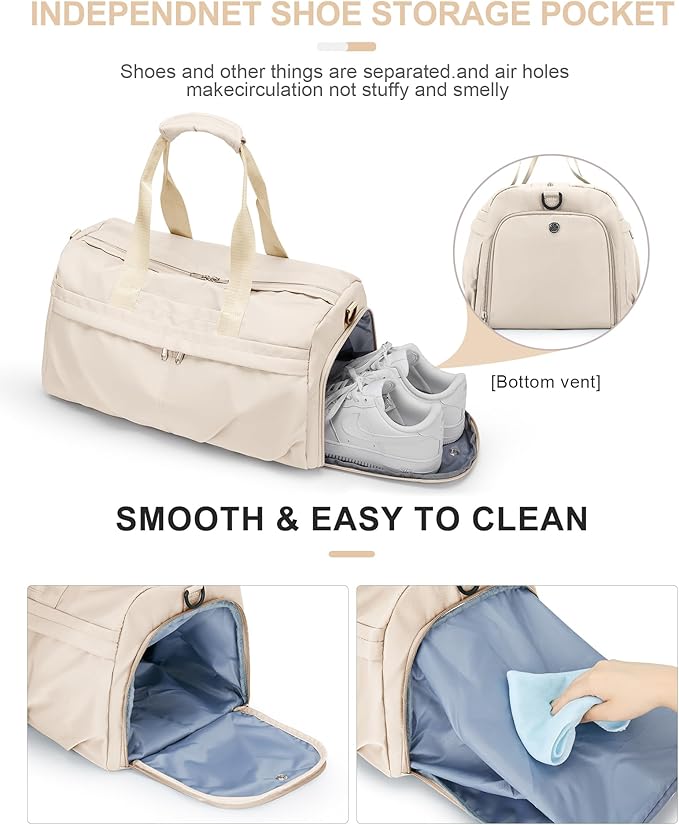 Gym Bag for Women Men, Sport Duffel Bag with Toiletry Bag & Shoe Compartment,Waterproof Travel Weekender Overnight Carry on Bag for Yoga with Trolley Sleeve, Beige Set