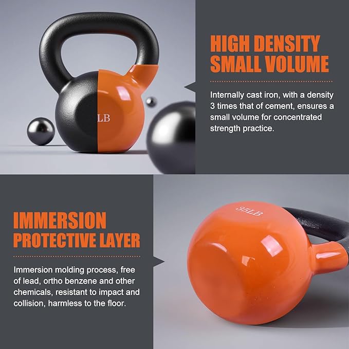 20, 25, 30, 35, 40, 45 Lbs Kettlebell Iron Sand Filled Weights for Women and Men, Orange Kettlebells with Smooth PP Material Surface and Non-slip Handle, Multiple Sizes and Weights