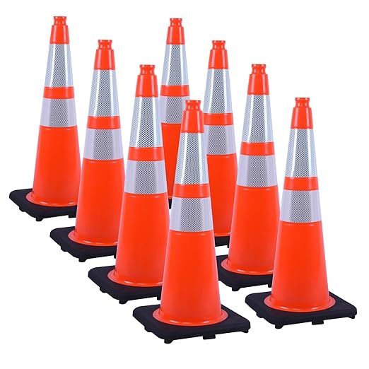 8 Pack 28" inch Orange PVC Traffic Cones with Reflective Collars and Weighted Black Base, Durable Safety Cones for Roadwork, Parking and Crowd Control