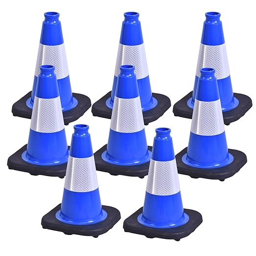 BESEA 8Pack 12 Inch Blue Traffic Cones with 4 Inch Reflective Collar, Heavy Duty PVC Safety Cones with 8.5 x 8.5 Inch Base for Parking, Driving Practice, Sports Training, and Construction
