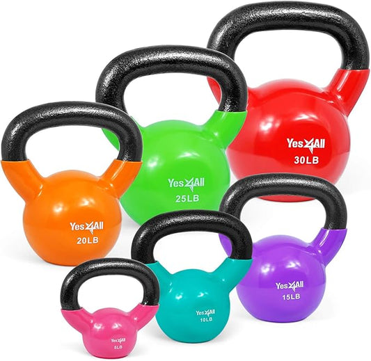 Yes4All Kettlebell, Vinyl Coated Kettlebell Cast Iron Sets with Stable Flat Bottom for Full Body Workout, Push up, Grip Strength Training & Weights Exercises