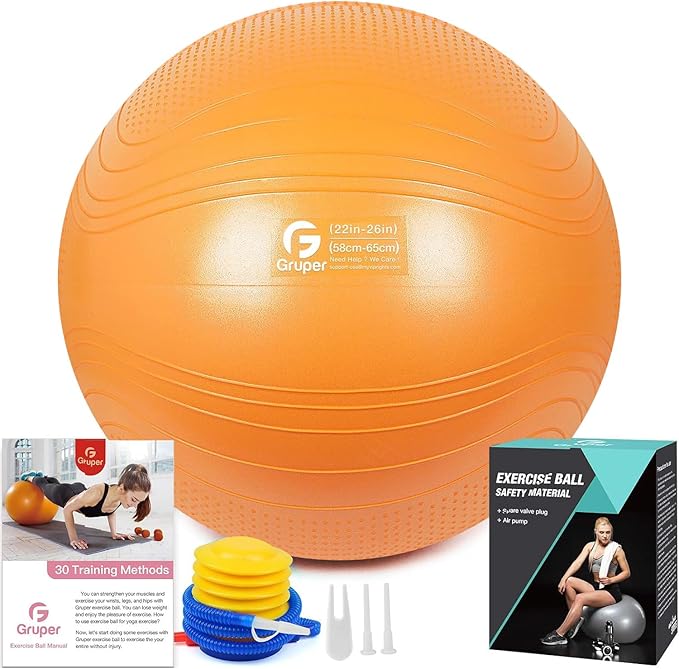 Gruper Yoga Ball, 18-30 Inch Extra Thick Exercise Ball for Workout Fitness Balance, Anti Burst Chair for Home and Office Desk, Includes Hand Pump & Workout Guide Access