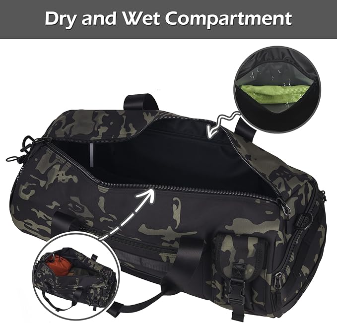 ArcEnCiel Medium Tactical Duffle Bag Men Gym Pack Molle Shoulder Bags Shoes Storage Sports Handbag with Patch(Black Camo)