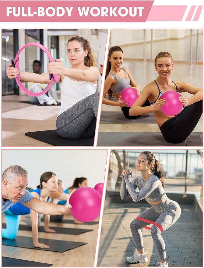 Pilates Ring Set for Home Workout, Pilates Essentials Kit for Women, [12'' Fitness Circle, Pilates Balls, Resistance Bands] Starter Set for Yoga, Exercise, Toning and Flexibility