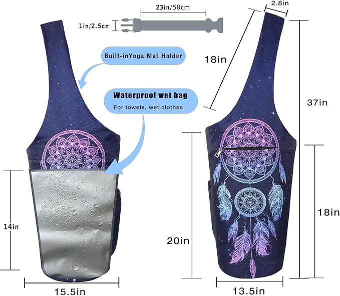 Yoga Mat Bag - Large Opening Long Tote Yoga Mat Carrier Holder Bag with Waterproof Wet Zipper Pocket and Drawstring Water Bottle Pocket - Yoga Bag Fit Most Size Mats