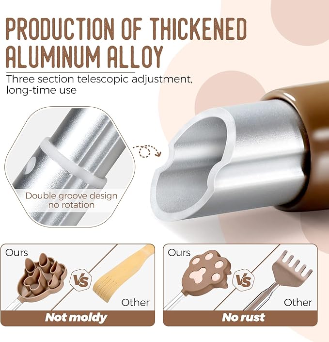 Back Scratcher, Oversized Color-Replaceable Head, Telescoping Massage Tool, 27 inch Aluminium Extendable Handle, Relief of Itches, Gift for Man and Woman (Brown)