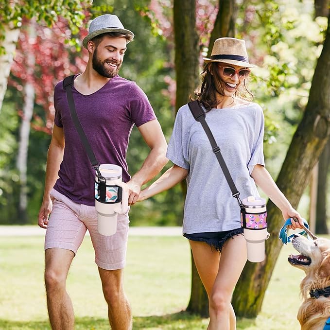 Water Bottle Carrier Holder with Shoulder Strap Water Bottle Handle Strap Sling for Stanley 30&40oz Tumblers with 2pc Straw Covers Toppers for Stanley Cup Accessories (Flower Print)