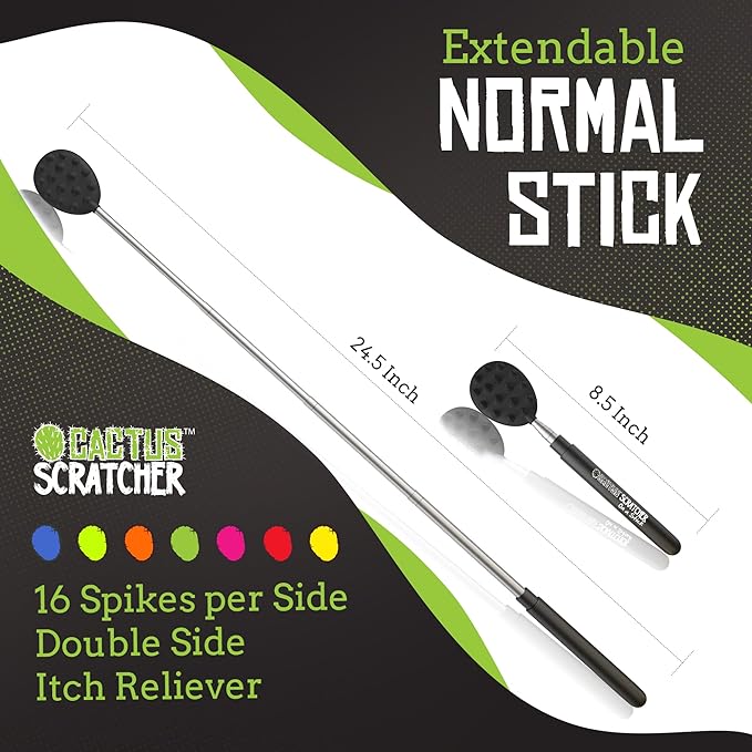 Cactus Scratcher Extendable Stick Back Scratcher - Extends 25" Long Double Sided Retractable Scratching Tool for Hand, Neck, Head, and Body - Universal Gift for Family, Pets, and Friends, Black