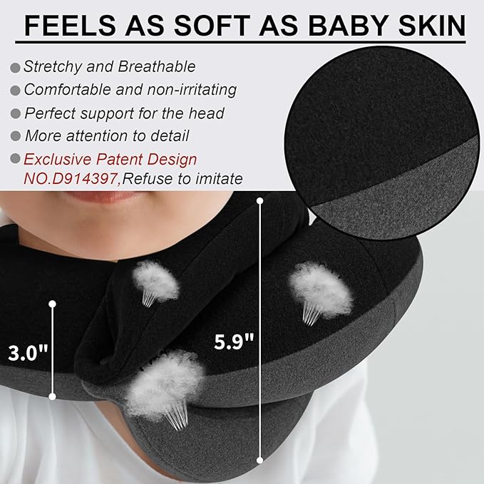 BUYUE Kids Travel Pillows for Airplane, 360° Head Support Sleeping Essentials for Boys Long Flight, Skin-Friendly Soft Neck Pillow for Traveling in Car Seat, (Small, Black Grey, 40-90 lbs)