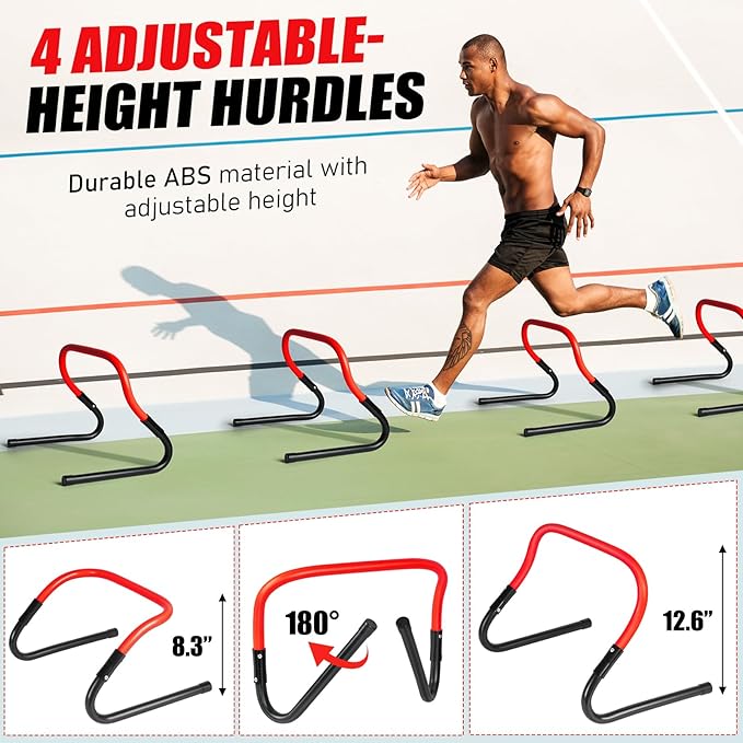 Agility Ladder, Soccer Speed Training Equipment, Football Practise Set with 20ft Ladder, 12 Cones, 4 Adjustable Hurdles, Jump Rope, Parachute, for Basketball, Football, Kids, Youth, Adults