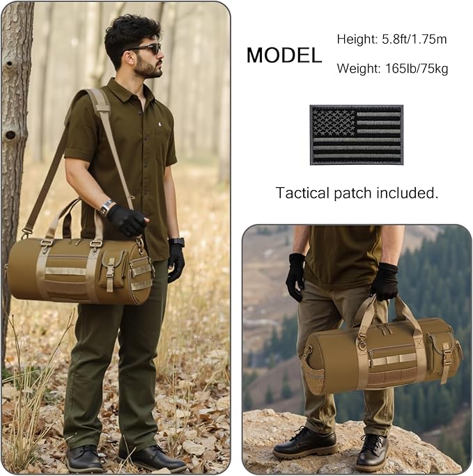 ArcEnCiel Medium Tactical Duffle Bag Men Gym Pack Molle Shoulder Bags Shoes Storage Sports Handbag with Patch(Coyote Brown)
