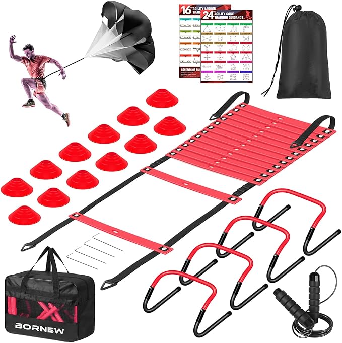 Agility Ladder, Soccer Speed Training Equipment, Football Practise Set with 20ft Ladder, 12 Cones, 4 Adjustable Hurdles, Jump Rope, Parachute, for Basketball, Football, Kids, Youth, Adults