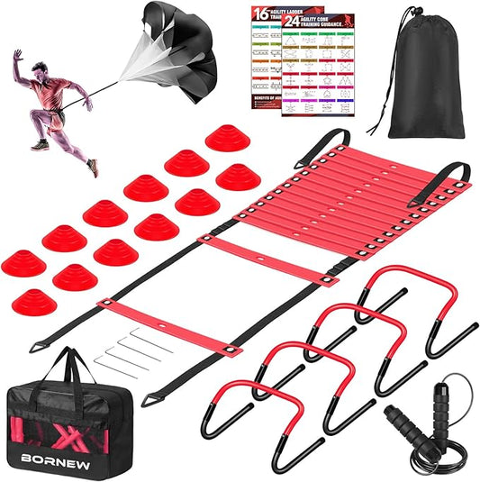 Agility Ladder, Soccer Speed Training Equipment, Football Practise Set with 20ft Ladder, 12 Cones, 4 Adjustable Hurdles, Jump Rope, Parachute, for Basketball, Football, Kids, Youth, Adults
