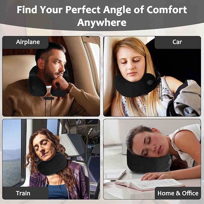 Travel Pillow, Memory Foam Neck Pillow for Airplane, Ergonomic Neck Support with Washable & Breathable Cover, Includes Eye Mask, Earplugs & Compact Bag for Long Flights, Cars, Home & Office (Black)