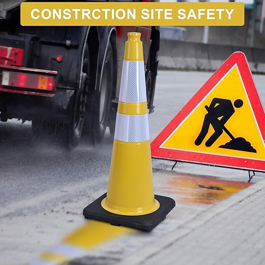 OrangeStar 6-Pack 28" Traffic Cones, Yellow Safety Cones with Reflective Collars, Heavy Duty Base for Construction, Parking Lot, Road Work, Flexible PVC, Indoor & Outdoor Use