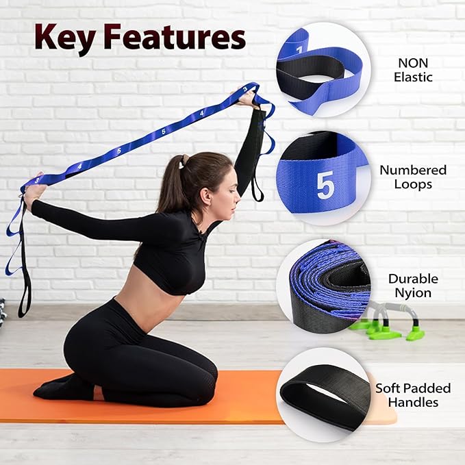 Stretching Strap with 10 Loops-Yoga Strap for Physical Therapy,Home Workout,Pilate & Flexibility Training,Non Elastic Exercise Stretch Band for Hamstring,Leg Stretcher Belt,Flexibility Fascia