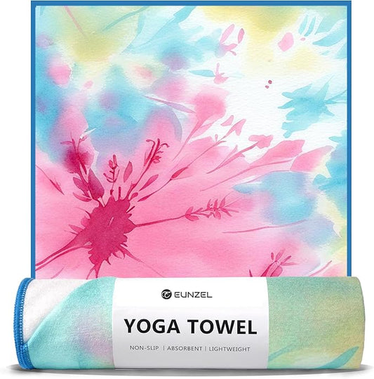 Eunzel Hot Yoga Towel, Non Slip Yoga Mat Towel Sweat Absorbent Printed Yoga Towel with Grip Dots for Hot Yoga, Pilates and Workout 72"x 24", Flower