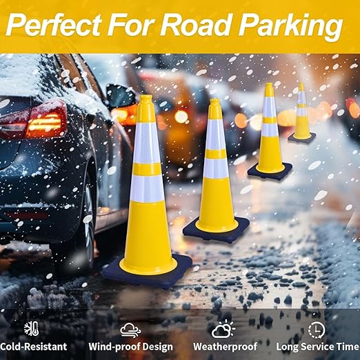 BESEA 4PACK 28” inch Traffic Safety Cones Yellow Road Parking Cones Heavy Duty Construction Cone Structurally Stable for Traffic Control at Public Place